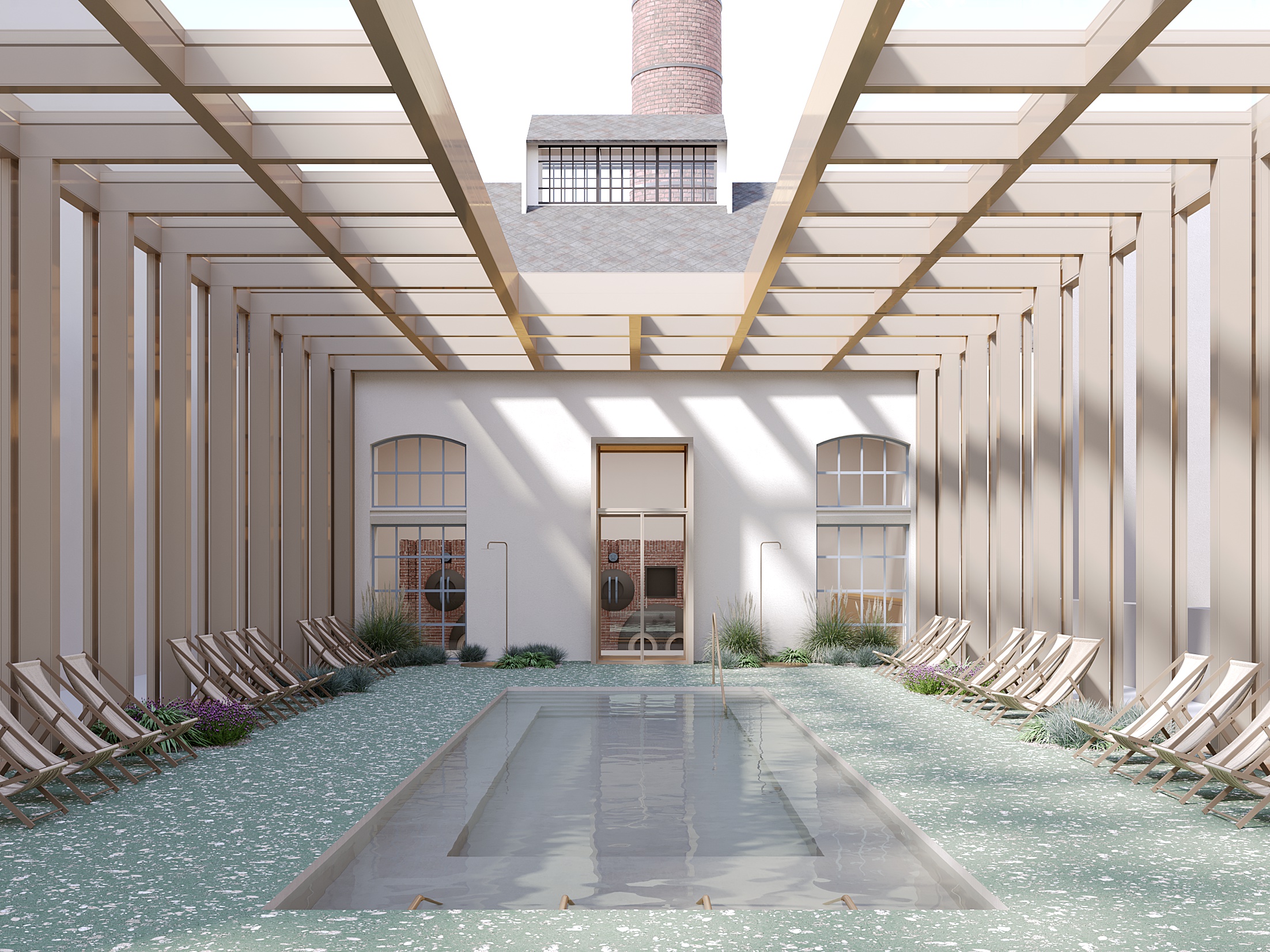 Návrh rekonštrukcie kúpeľov Grössling od talianského ateliéru - vonkajší bazén s otvorenou strechou
