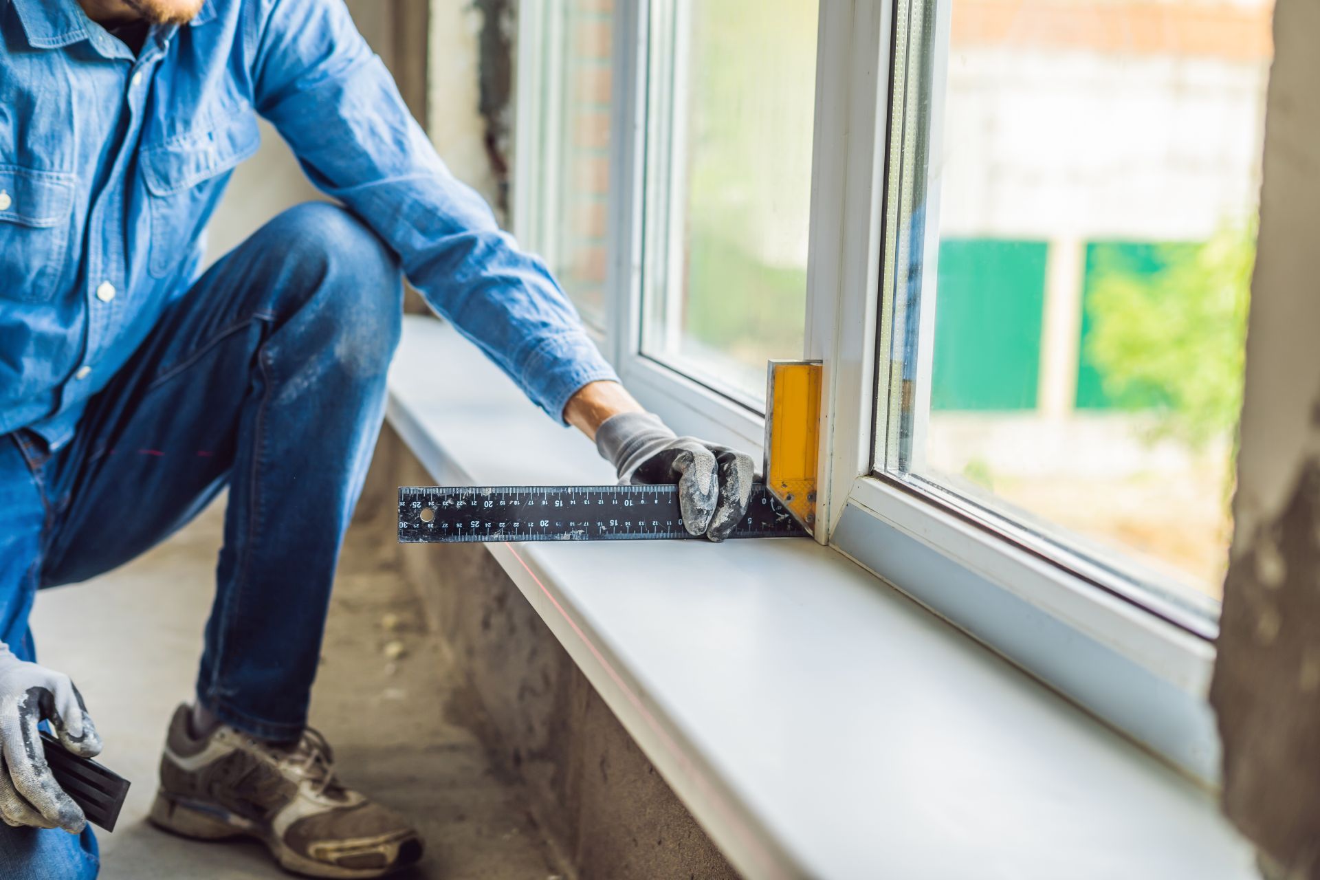 Man in a blue shirt does window installation