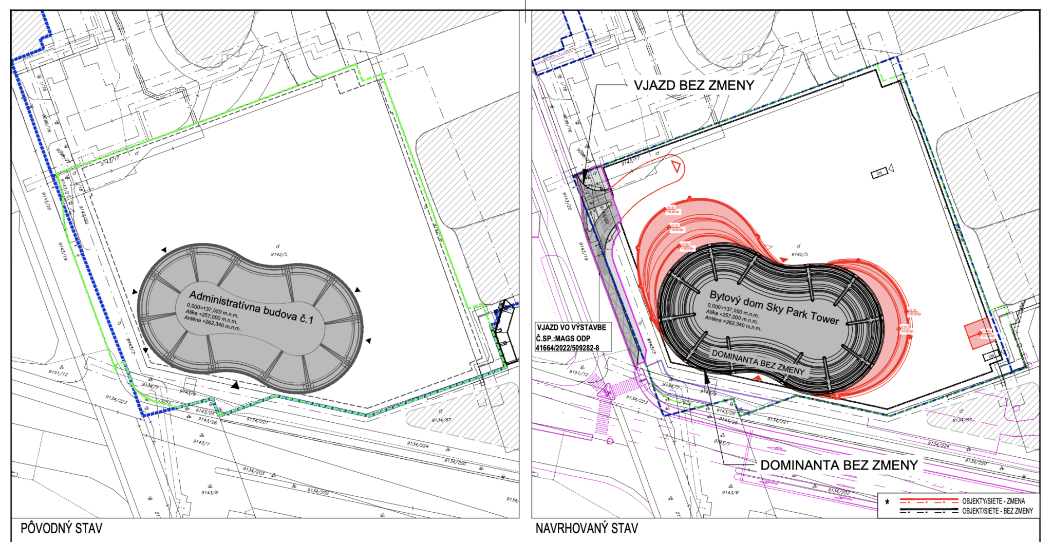 Pôvodný stav (vľavo) a navrhovaný stav (vpravo) Sky Park Tower z dokumentácie EIA