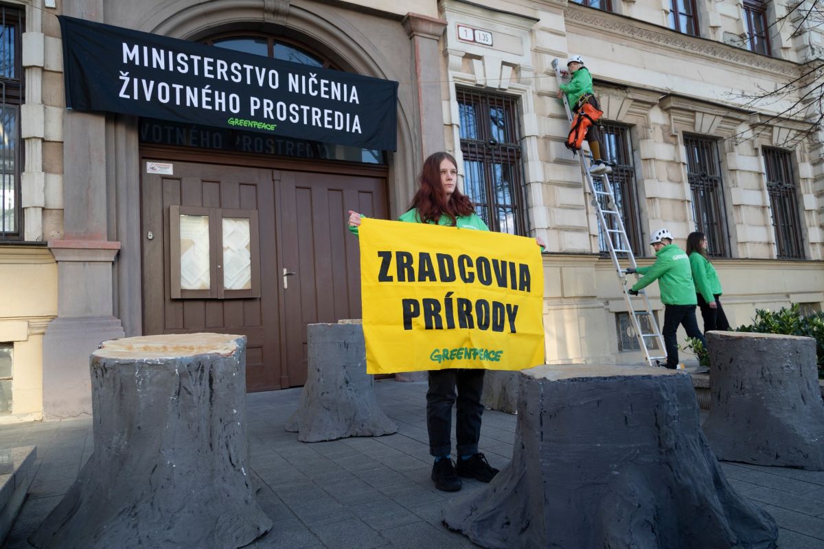 Aktivisti z organizácie Greenpeace Slovensko na protest vyliezli na budovu Ministerstva životného prostredia.
