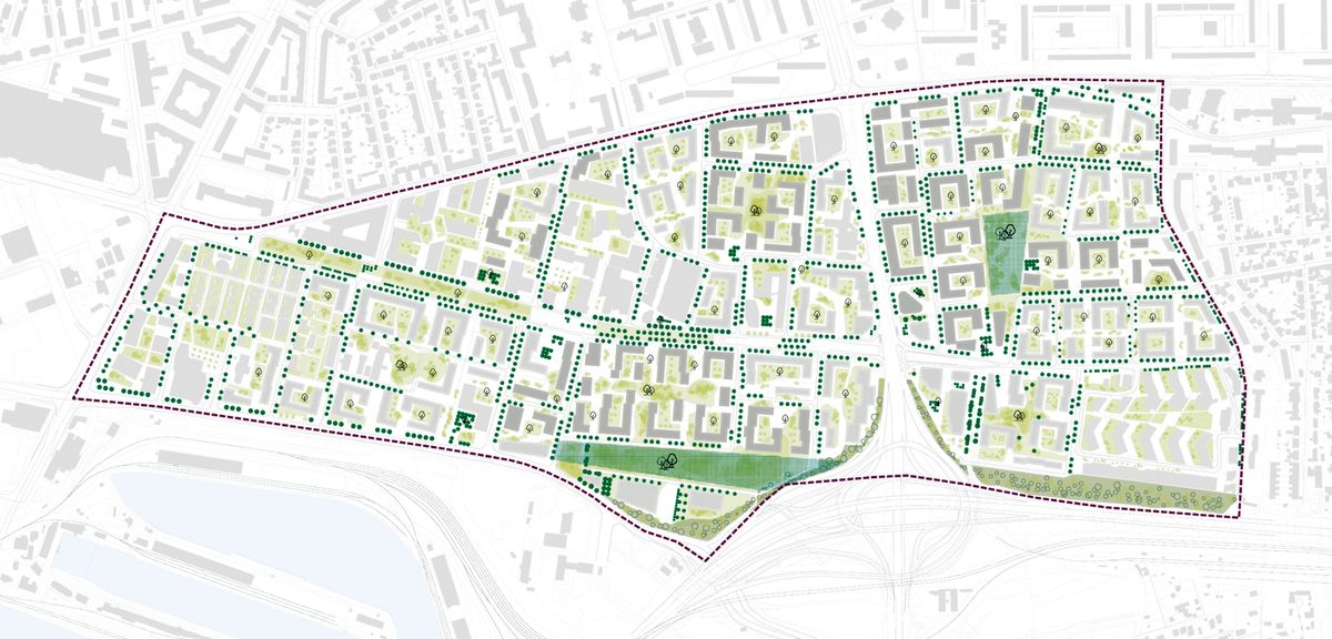Rozmiestnenie zelených plôch v Mestskej urbanistickej štúdii zóny Mlynské nivy.