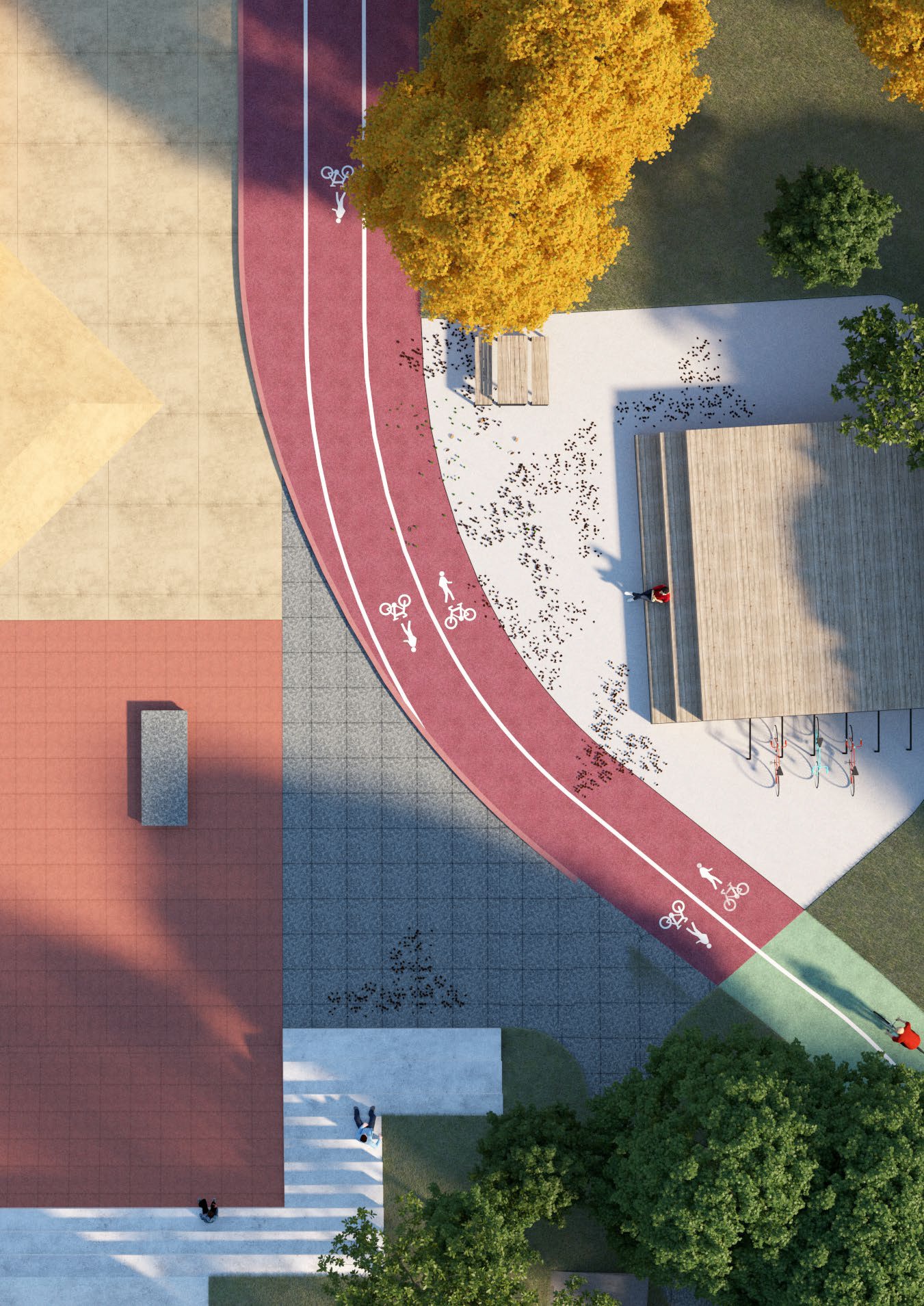 Vizualizácia priestoru skateparku spoločne s cyklotrasou a oddýchovými miestami. Vľavo sa nachádza skatepark, vpravo stromy v Sade Janka Kráľa