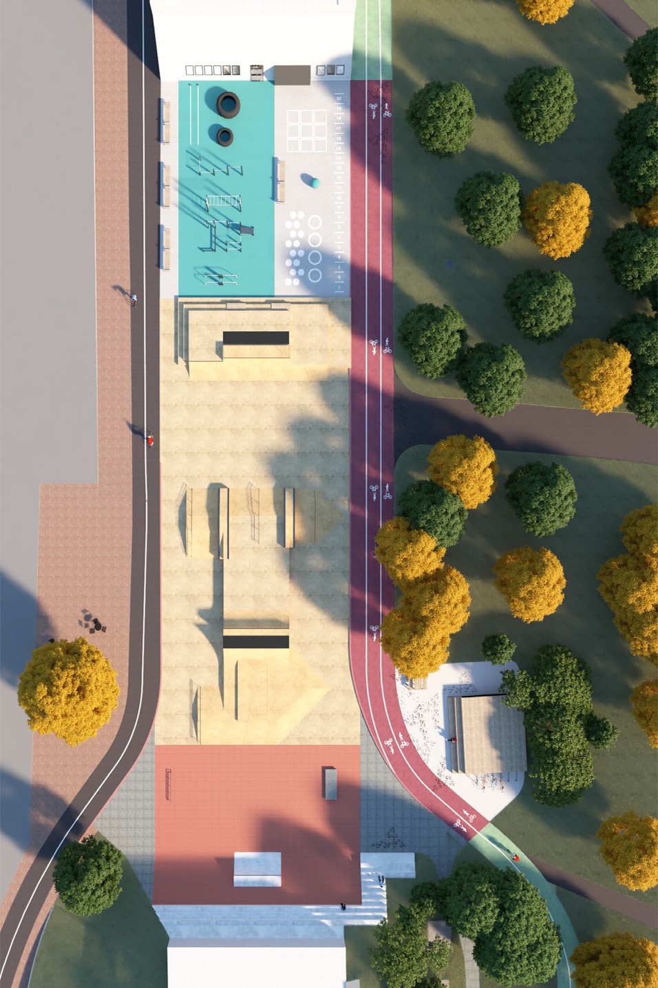 Vizualizácia celého priestoru skateparku spoločne s cyklotrasou a oddýchovými miestami