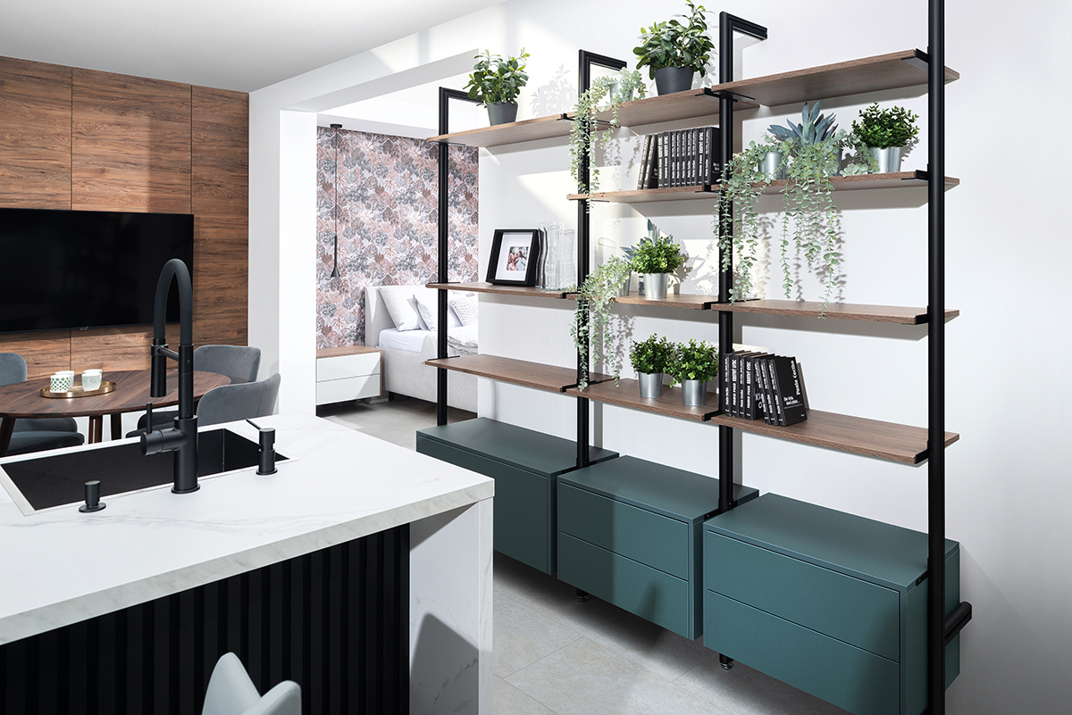 Variabilita konceptu FAMILY. Praktický univerzálny regál, prevedenie olive detour nano v kombinácii s drevinou dark rockford hickory.