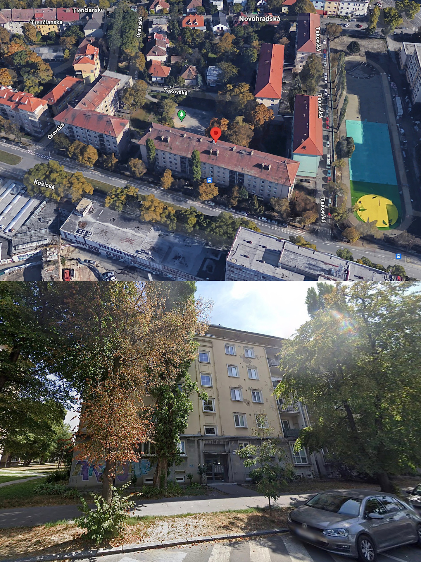 Letecký pohľad na bytový dom Košická 10, 12, 14 (hore) a bližší pohľad na stav fasády bytového domu (dole)
