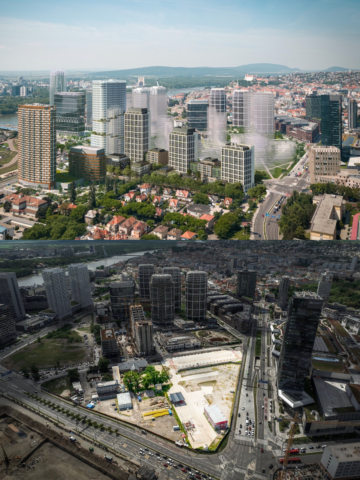 Projekt Downtown Yards od J&T Real Estate (hore) a bližší pohľad na pozemok v zóne Chalupkova, ktorý zastavia Penta Real Estate (dole). Tu je možné pozorovať aj Košickú ulicu (vľavo dole)