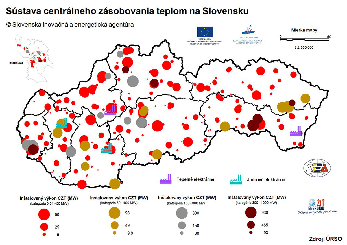 Obr. 1 Sústavy centralizovaného zásobovania teplom na Slovensku [3]