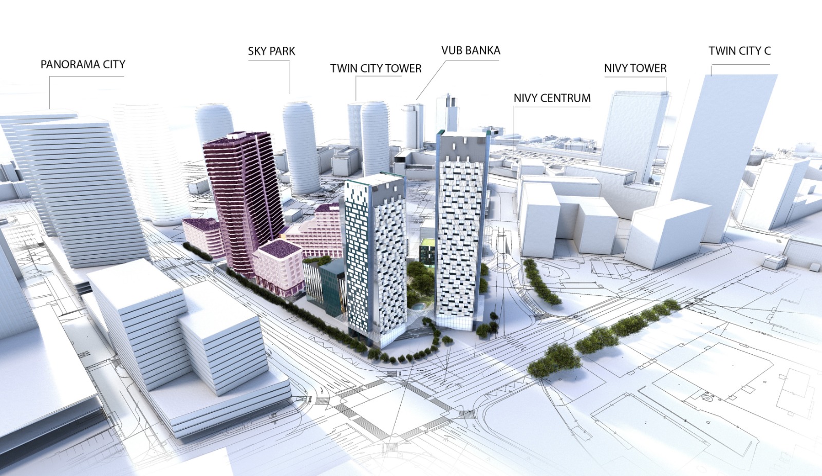 Vizualizácia projektov v downtowne popri Košickej ulici (vpravo). V popredí na križovatke sa nachádza Portum Towers, vľavo je veža Ister Tower. Zámer Twin City C už nie je aktuálny a tento pozemok pretvorí Penta Real Estate