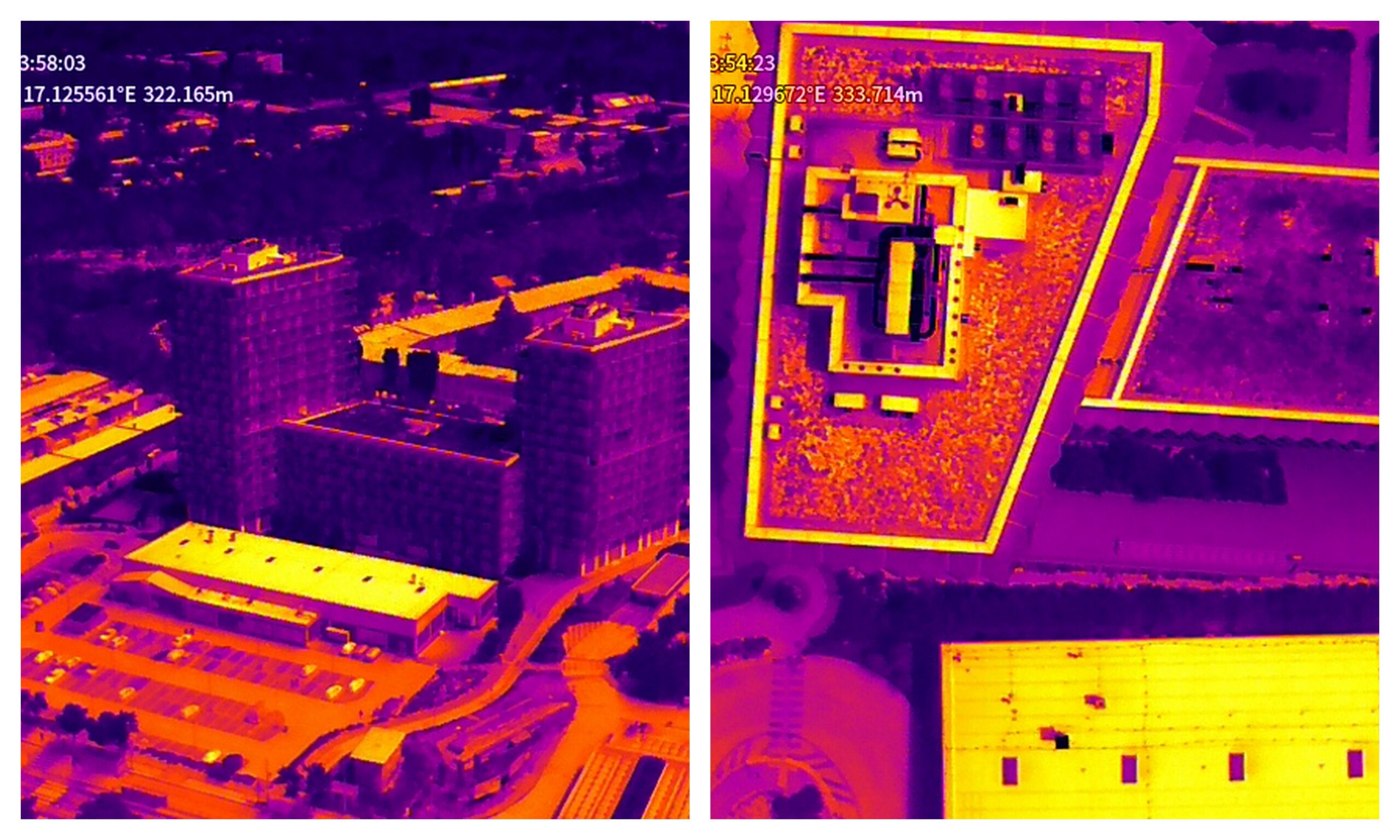 Termovízna snímka projektu Guthaus a priľahlého obchodného centra s asfaltovým parkoviskom