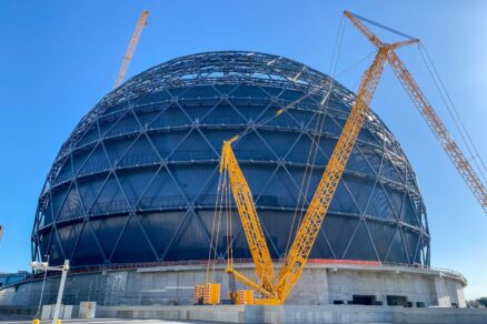 The Sphere while under construction nestled behind the Las Vegas Strip