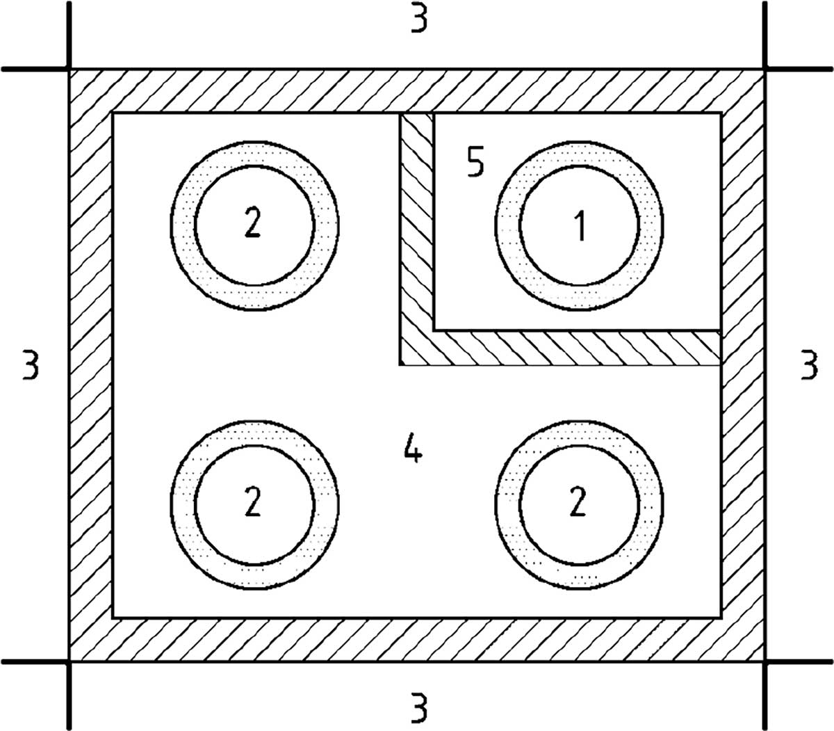 Obr. 4 Potrubia pitnej vody v inštalačnej šachte
1 – potrubie pitnej vody, 2 – teplovodné potrubie, 3 – miestnosť, 4 – inštalačná šachta, 5 – oddelená „studená“ šachta [4] 
