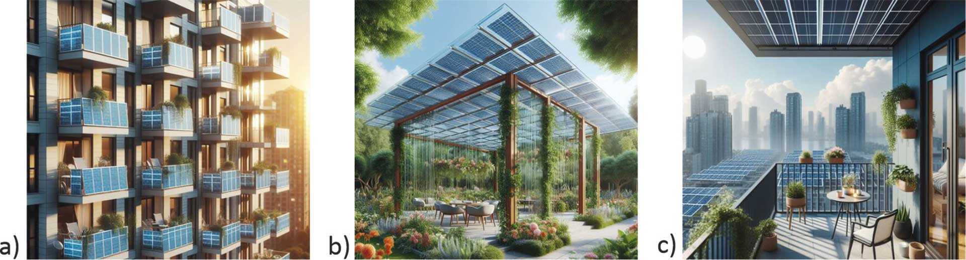 Obr. 5 Možnosti využitia priehľadných FV panelov a) balkónové zábradlia [7], b) pergola [9], c) tieniaci prvok [8] 