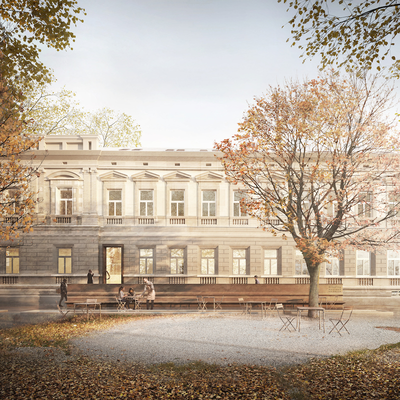 Vizualizácia rekonštrukcie kúpeľov Grössling - budúca podoba priľahlého parčíka na Medenej ulici i verejného sedenia na lavičke, čím architekti poukázali na talianske mestá