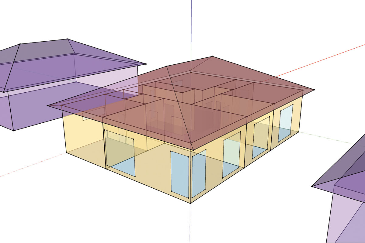 Obr. 4 Simulačný model (program Sketchup 8.0 [3]) rodinného domu – bungalov č. 1471