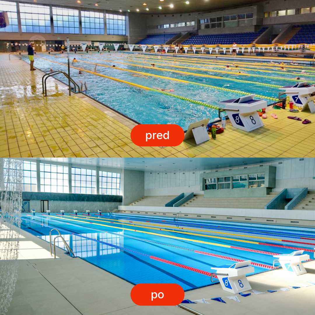 Pohľad na plaváreň Pasienky pred rekonštrukciou (hore) a po rekonštrukcii (dole)