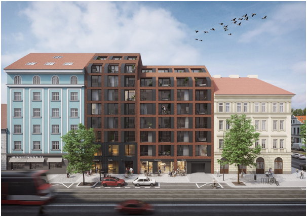Vizualizácia bytového domu Iconik v Prahe ukazuje modernú architektúru s industriálnymi prvkami, ktorá harmonicky zapadá do historického prostredia Karlína.