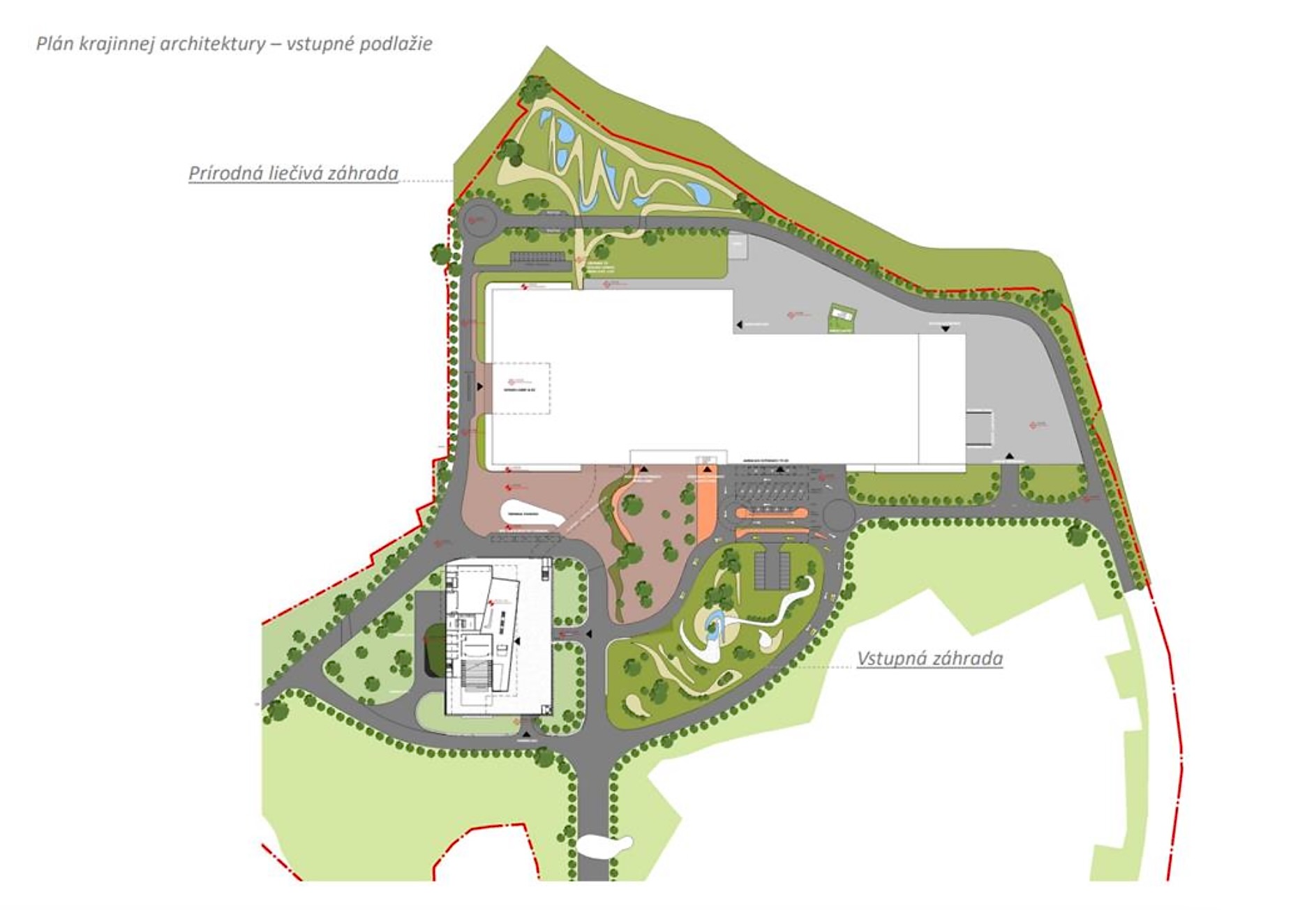 Projekt novej univerzitnej nemocnice na bratislavských Rázsochách – situácia plánu krajinnej architektúry, vstupné podlažie