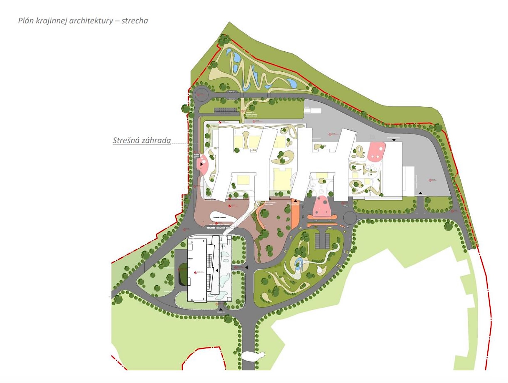 Projekt novej univerzitnej nemocnice na bratislavských Rázsochách – situácia plánu krajinnej architektúry, strechy objektu