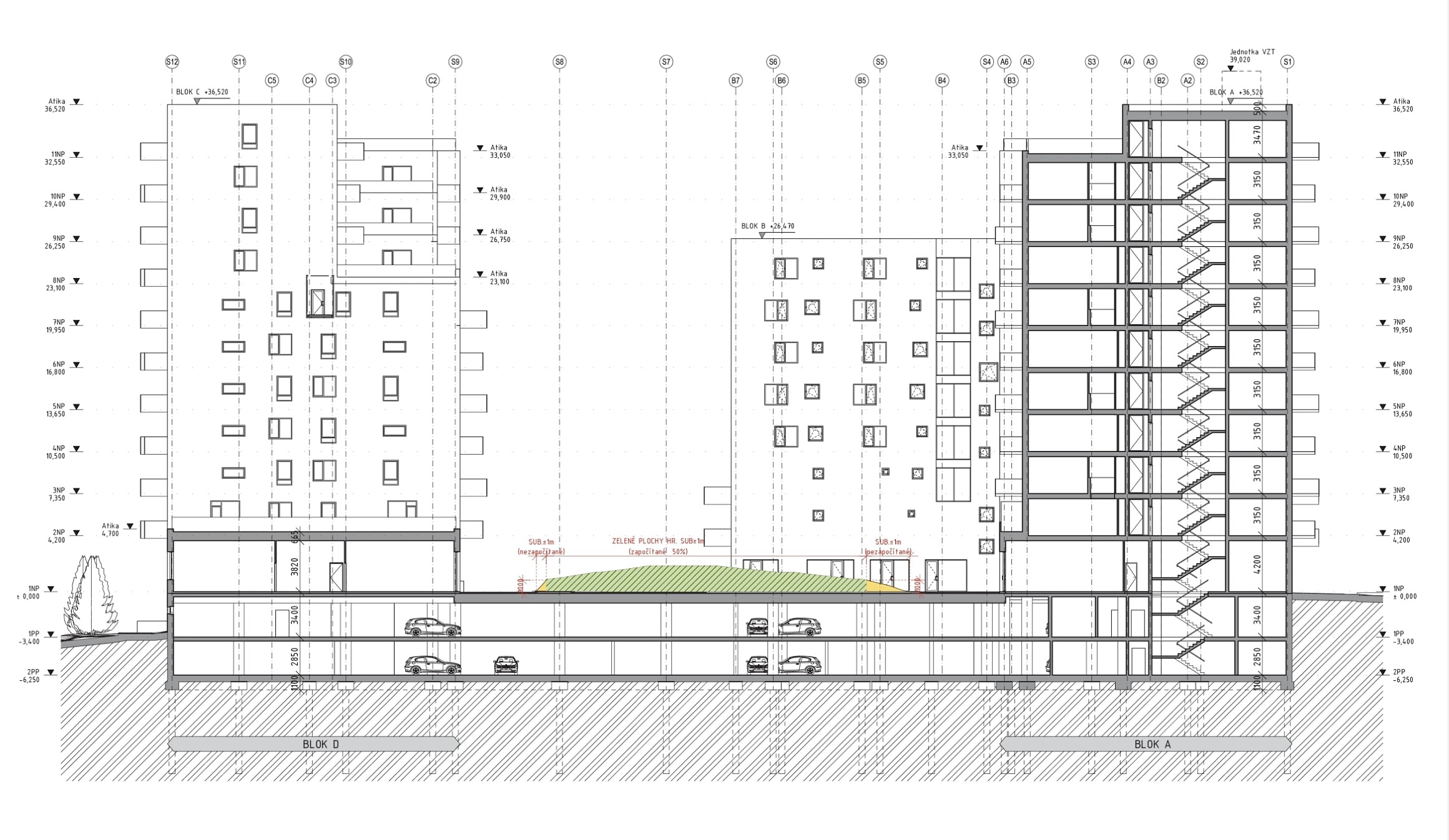 Komplex bývania a občianskej vybavenosti Saratovská - rez navrhovanou činnosťou