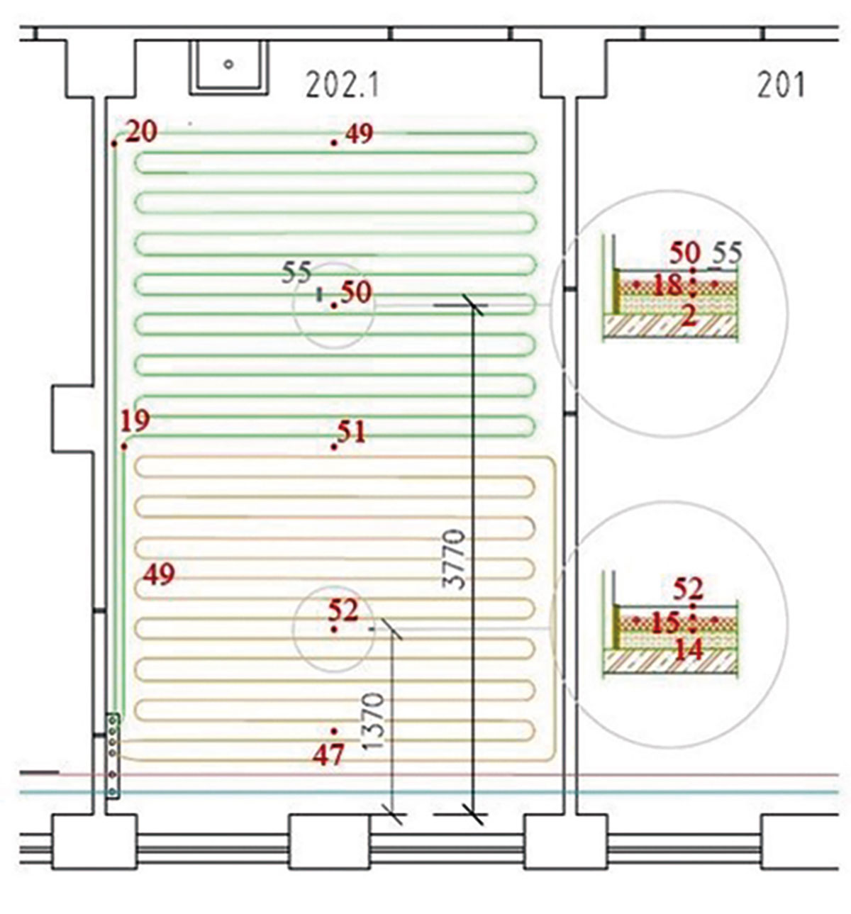 Obr. 3 Plán rozmiestnenia snímačov v miestnosti 202.1 so sálavým podlahovým systémom 