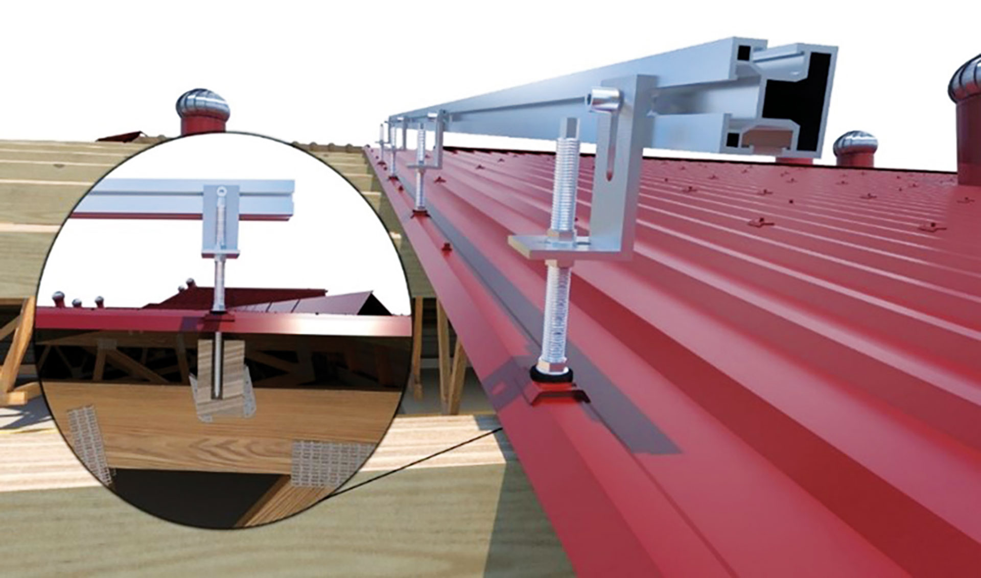 Obr. 7 Kotvenie fotovoltických panelov cez trapézový plech až do nosnej drevenej konštrukcie.