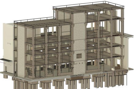 3D model päťpodlažnej prístavby závodu Nestlé s prefabrikovanou nosnou konštrukciou a pilotovým založením