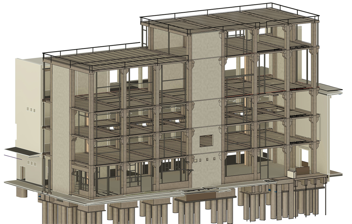 3D model päťpodlažnej prístavby závodu Nestlé s prefabrikovanou nosnou konštrukciou a pilotovým založením