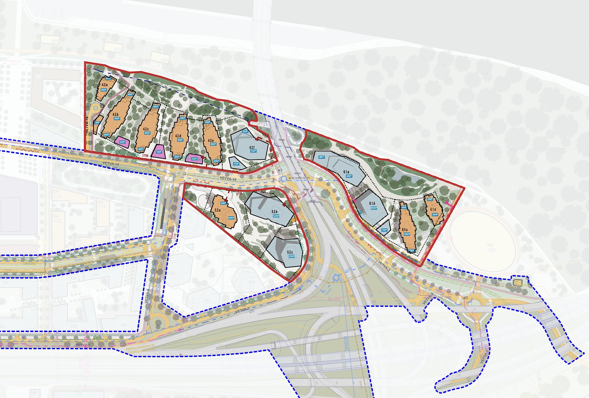 Situácia projektu Southbank a konkrétna podlažnosť jednotlivých budov