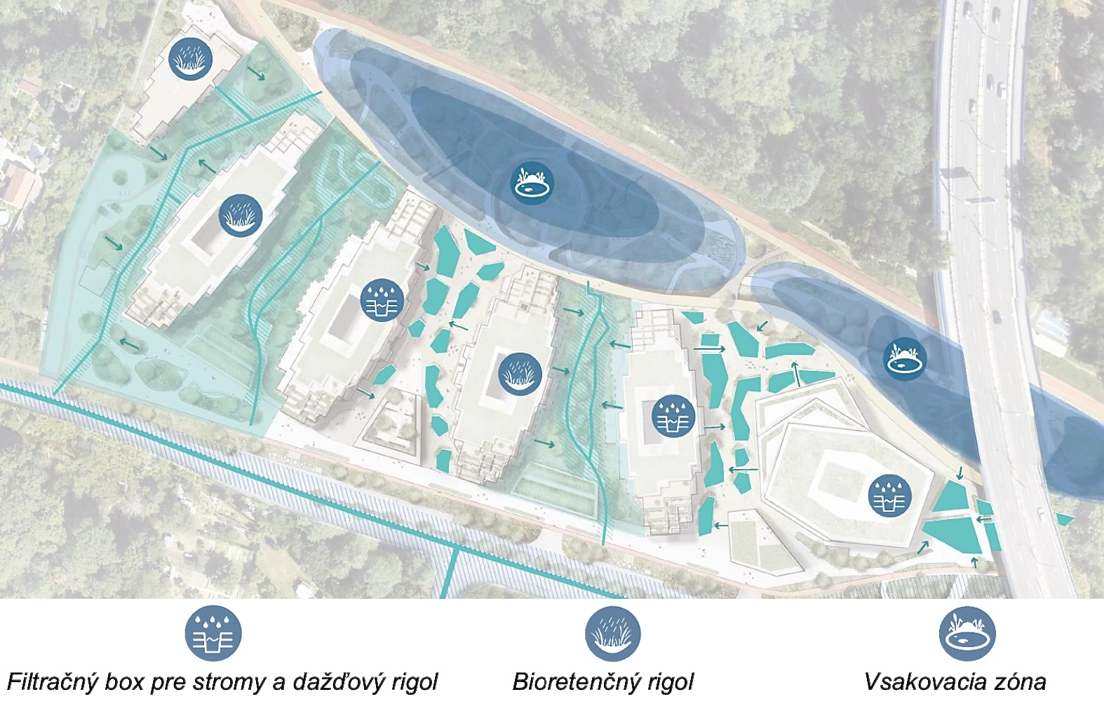 Situácia modrej infraštruktúry – filtračný box pre stromy a dažďový rigol, bioretenčný rigol, vsakovacia zóna