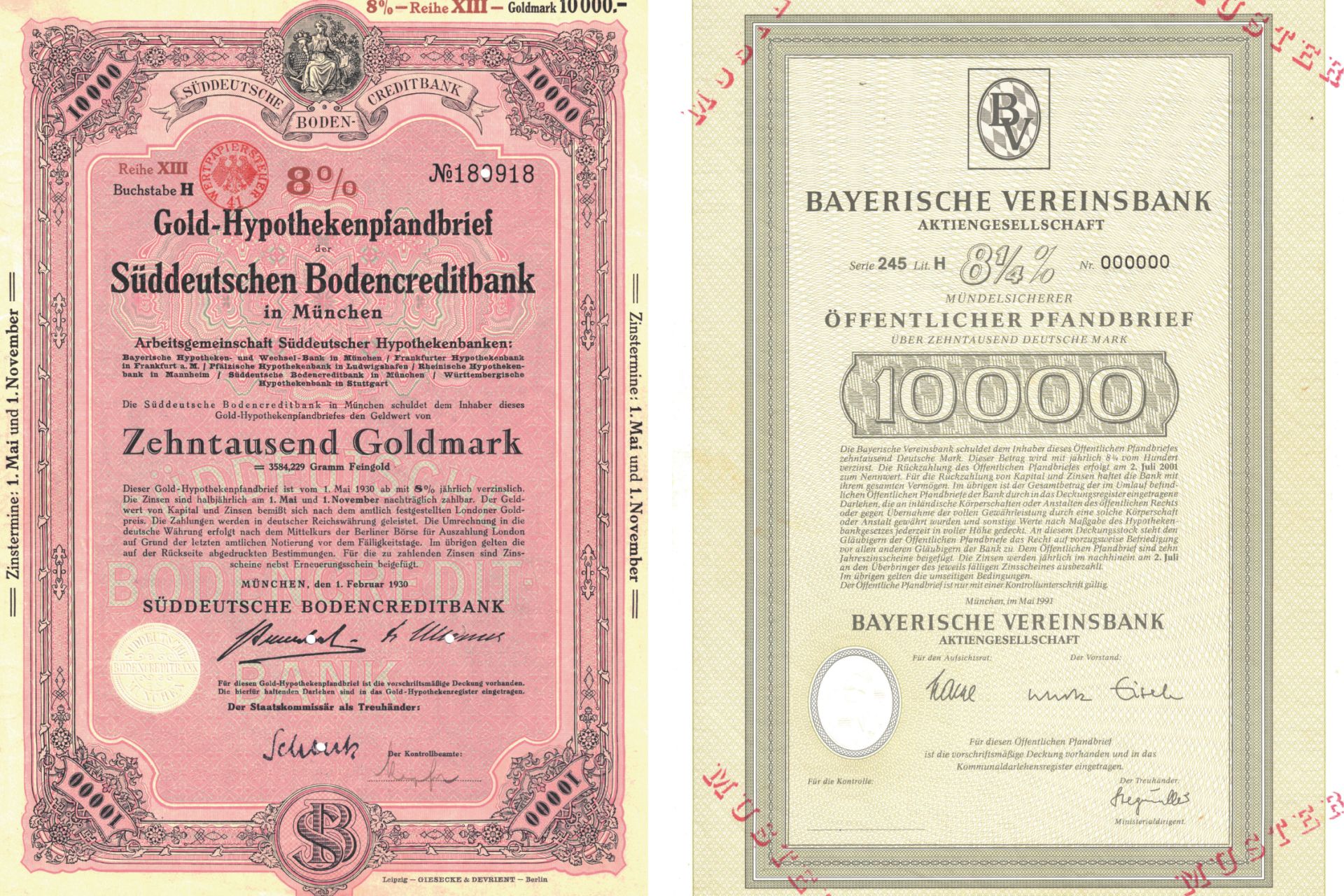 Historické nemecké dlhopisy. Červený dlhopis je hypotekárny záložný list krytý zlatom, ktorý sa v Nemecku používal v 30. rokoch 20. storočia na utuženie dôvery investorov v menu (ríšsku marku) v období, keď v rokoch 1922 – 1923 obyvateľstvo prišlo o peniaze vďaka hyperinflácii.