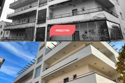 Obnova historickej fasády Ružičkovho domu – pôvodný stav s grafitmi a poškodením, zrekonštruovaný moderný vzhľad.