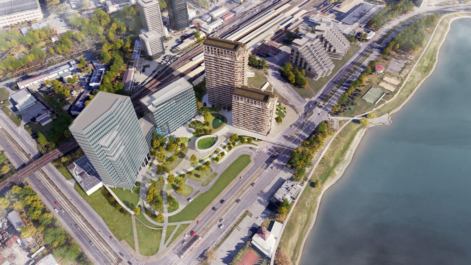 Aktualizovaná podoba tretej etapy Lakeside Park – v strede. Vľavo sa nachádzajú už postavené kancelárske budovy Lakeside Park 01 a 02