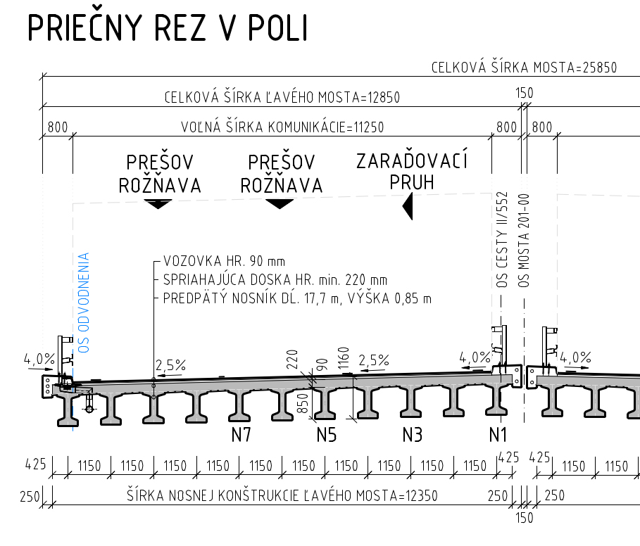 Obr. 5 Ľavý most 201-00, priečny rez a označenie nosníkov