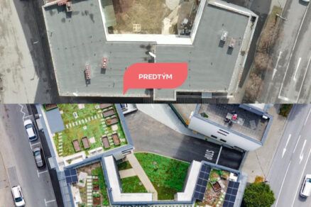 Letecký pohľad na strechu Ružičkovho domu pred a po revitalizácii – premenu na zelenú strechu s komunitnou záhradou.
