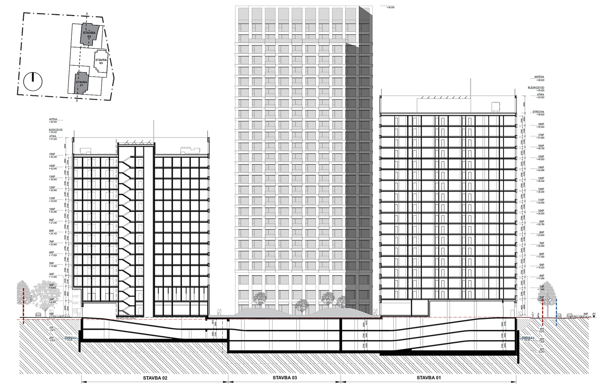 Projekt District 15 developera JTRE – pozdĺžny rez