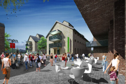 Vizualizácia projektu Dve sýpky s námestím, tehlovou architektúrou a komunitným priestorom