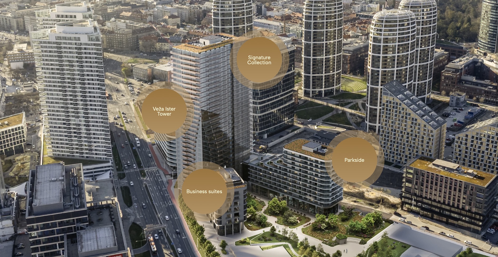 Celkovo vzniknú v projekte štyri budovy – veža Ister Tower s najluxusnejšími rezidencami na najvyšších podlažiach (Signature Collection), bytový dom Parkside, apartmánový dom Business Suite a objekt garni hotela Ister Boutique & Rental