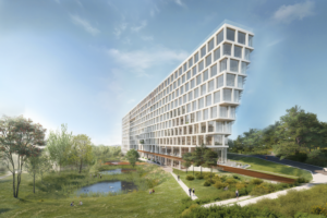 Pri návrhu tejto administratívnej budovy sa architekti inšpirovali majestátnymi sekvojami. Jej biela fasáda pôsobí ľahko