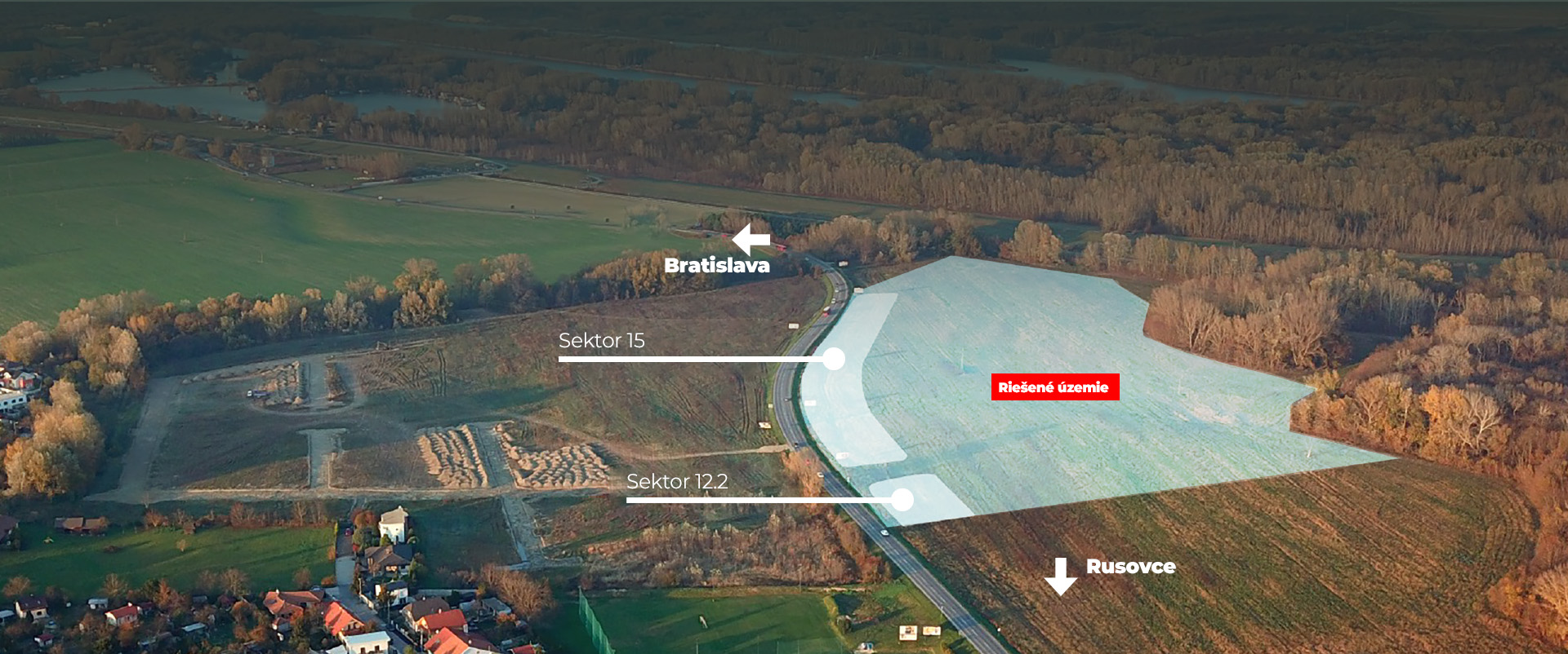 Pohľad na riešené územie Rusoviec, kde vznikne projekt Rusovce - Sever podnikateľa, filantropa a spoluzakladateľa Esetu Petra Pašku