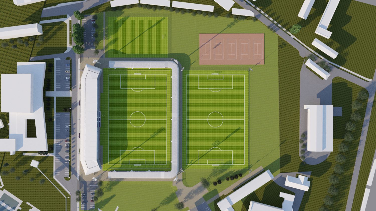 Pohľad na areál futbalového štadióna v Komárne z vtáčej perspektívy