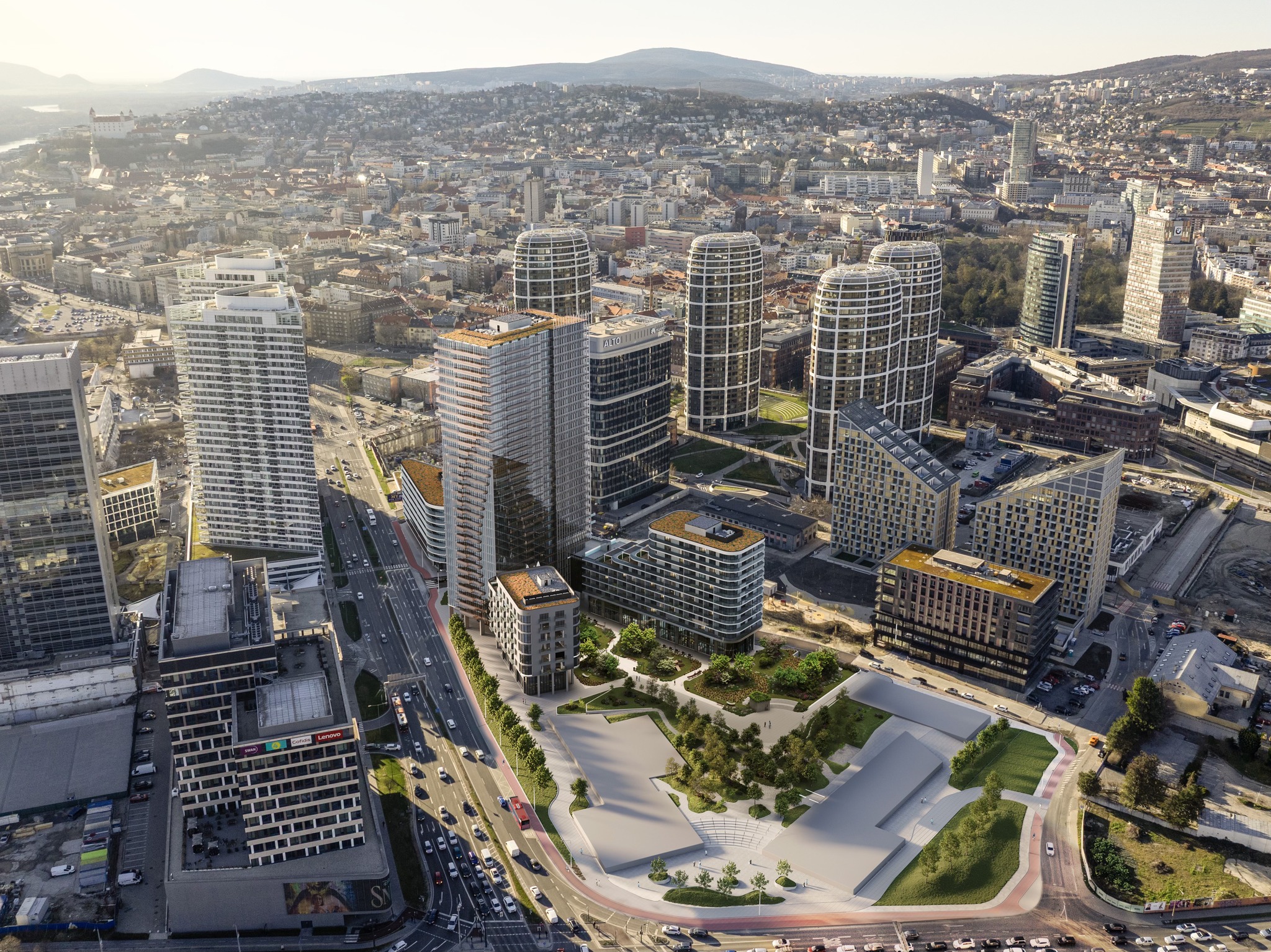 Vizualizácia projektu Ister Tower – pohľad na celý pozemok developmentu vrátane časti okolitých projektov v downtowne