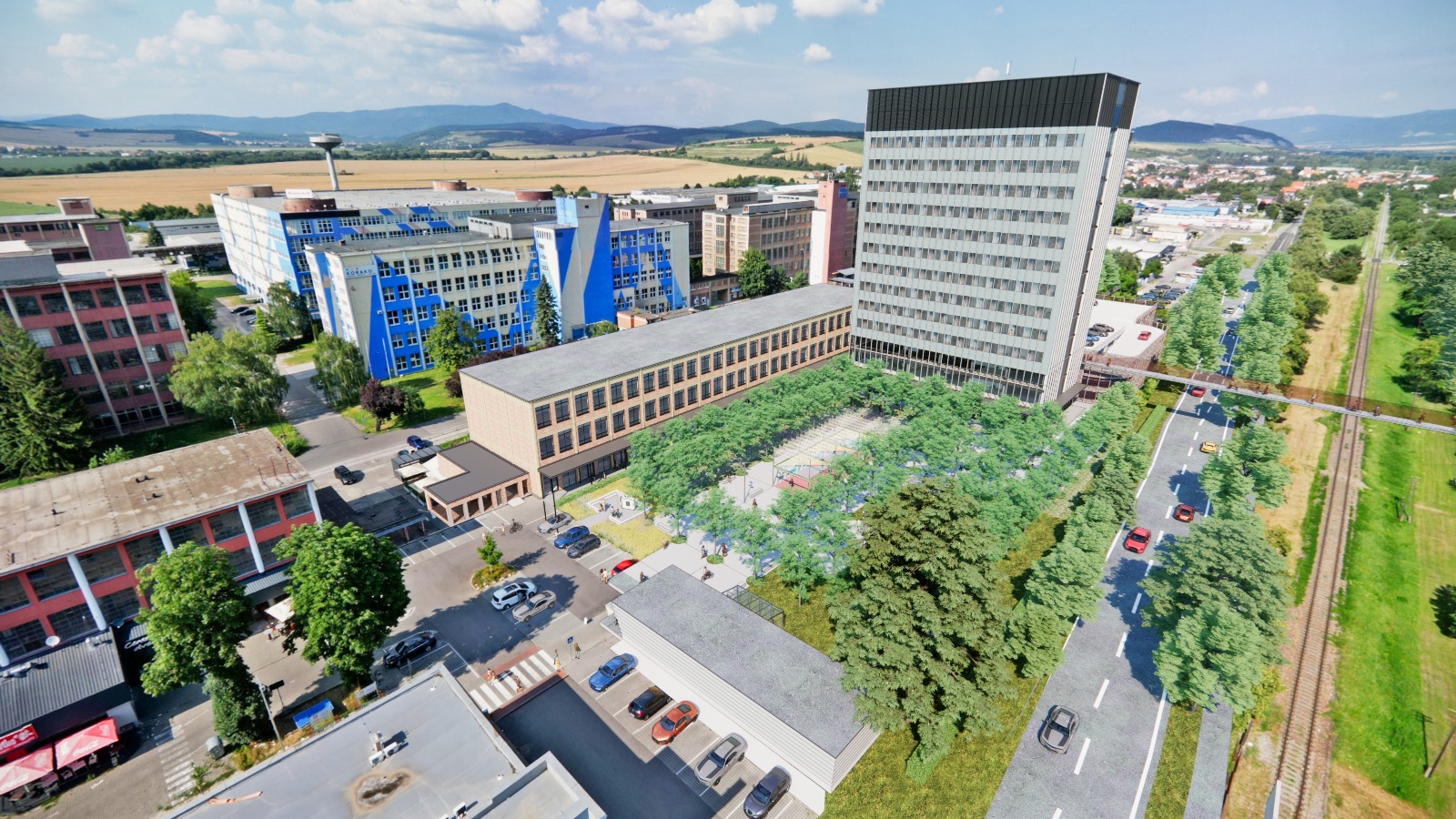 Vizualizácia obnovenej výškovej budovy pred budovami obuvníckej fabriky v Partizánskom.