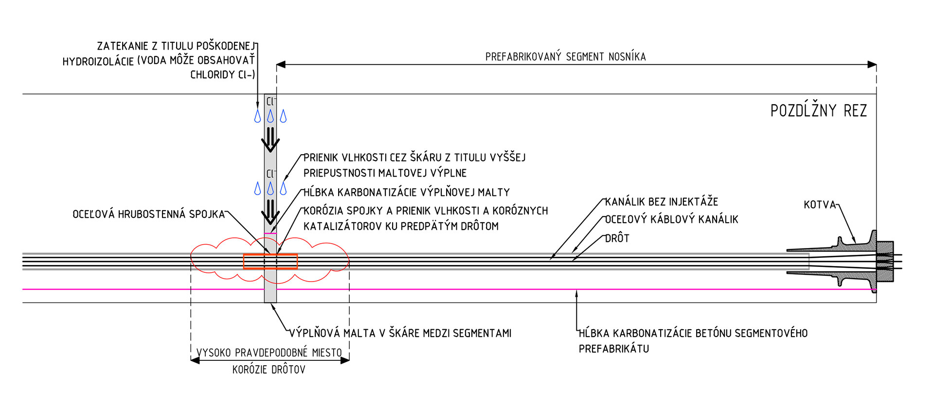 Obr. 1 Schéma pozdĺžneho rezu dodatočne predpätým segmentovým nosníkom – mechanizmus poškodenia predpätých drôtov v škáre
