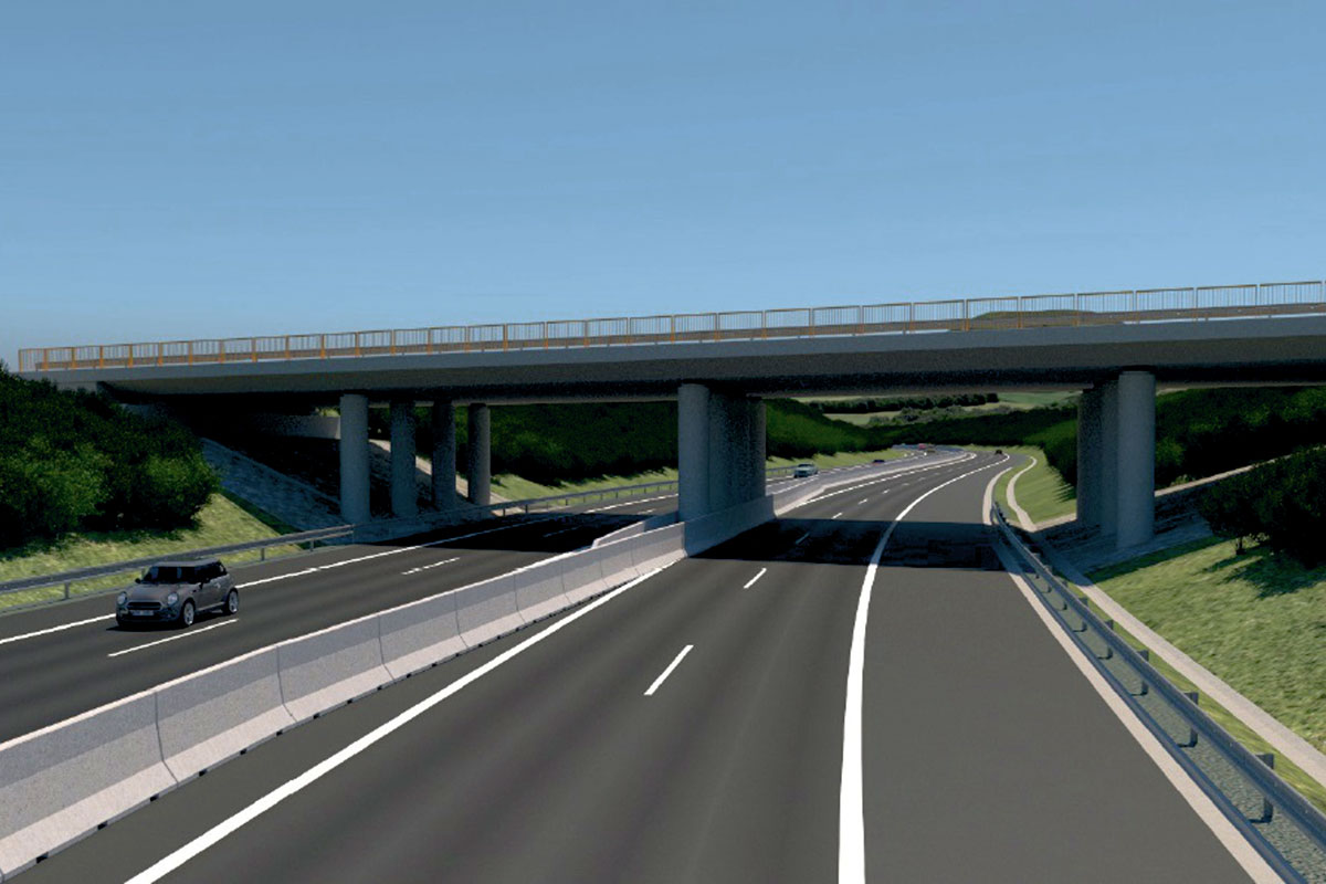 Obr. 2 Vizualizácia SO 215-00 Most na ceste I/18 nad R4 v km 12,19 – pohľad z budúcej rýchlostnej cesty R4 smer Kapušany