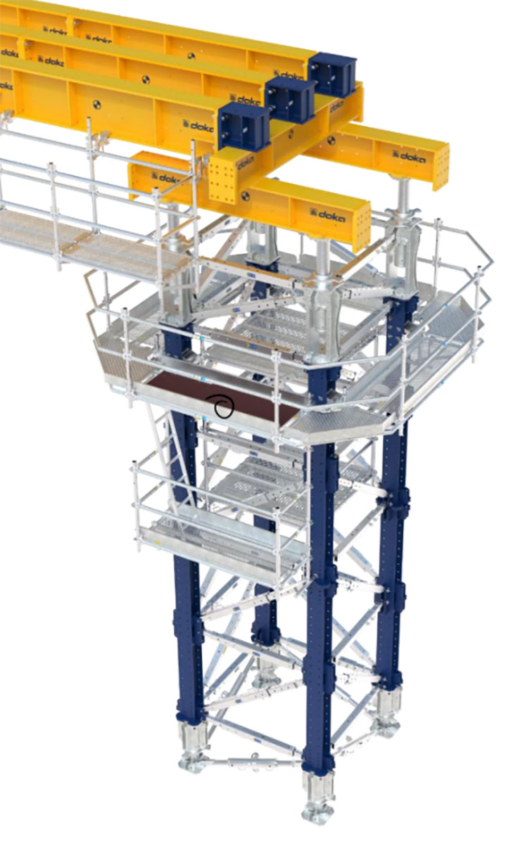 Obr. 2 Doka UniKit podperná veža 1000 v kombinácii s Doka lešením Ringlock – vytvorenie bezpečného prístupu a pracovných plošín aj vo veľkých výškach