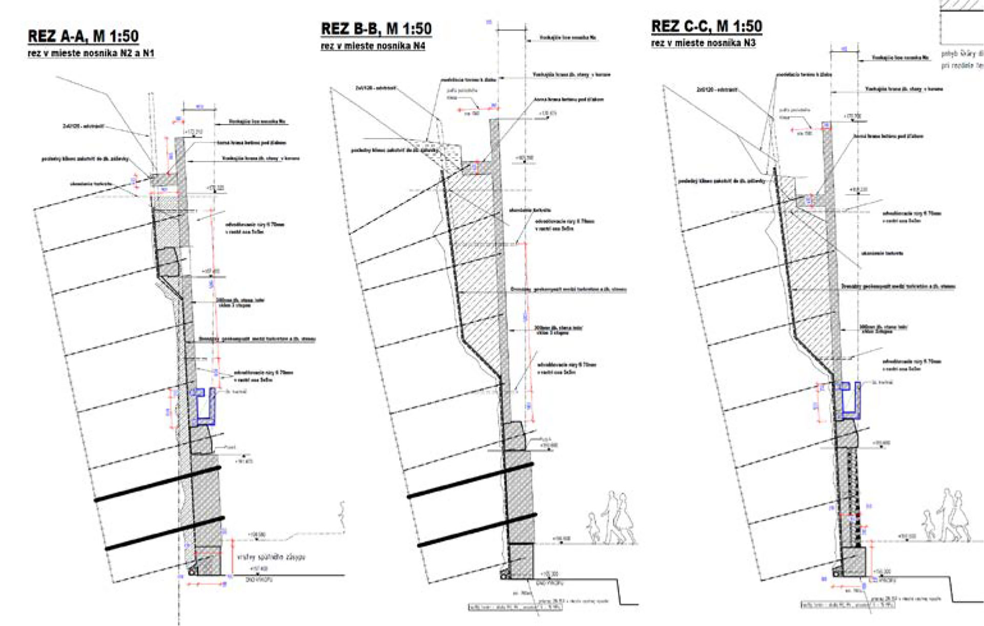 Obr. 3 Vybrané rezy cez stenu OM1 (okrem horninových klincov v rastri 2 × 2 m vidieť 10- a 19-lanové nosníky, kvetináče, plošinu pre odvodňovací rigol v korune, polohu drenážneho geokompozitu a odvodnenie v päte) 