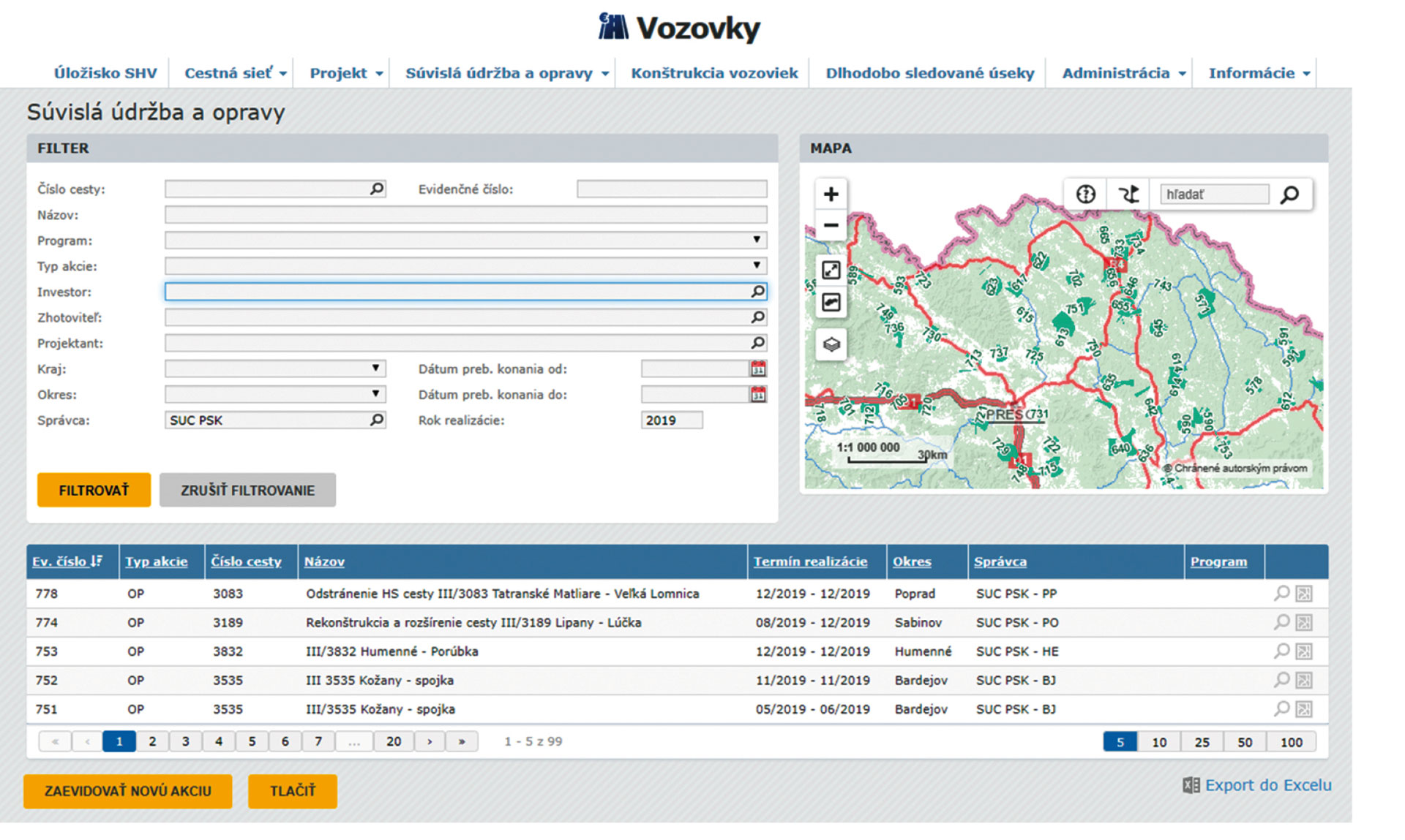 Obr. 4 IS MCS, aplikácia VOZOVKY, modul DASO