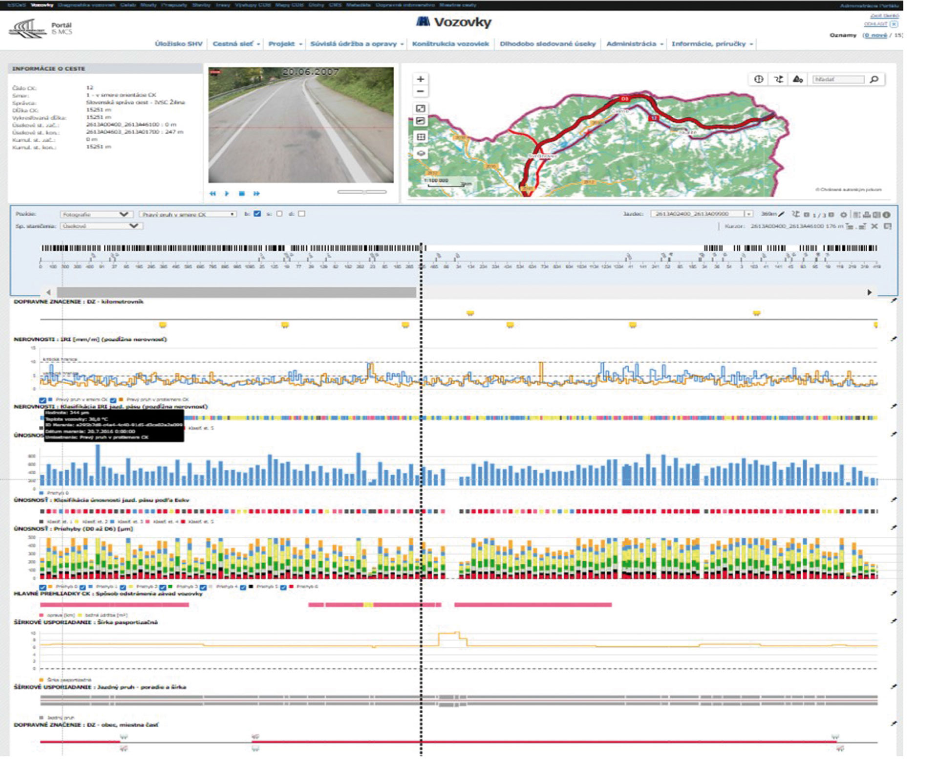 Obr. 5 Údaje z meraní diagnostickou technickou, aplikácia VOZOVKY