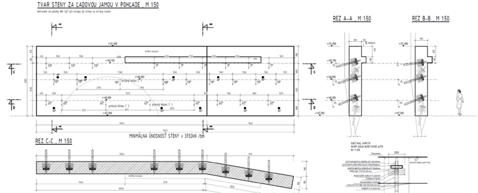 Obr. 7 Geometria steny WR4 v pohľade a v rezoch 