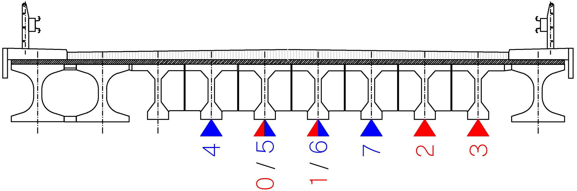 Obr. 8 Rozmiestnenie snímačov v priečnom aj pozdĺžnom reze mostom